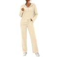 thumbnail image 3 of VBTAPA 2 Piece Sets for Women Ribbed Knit Lounge Outfit Lightweight Knitted Hoodie Tracksuit Button Collar Hooded Tops and Wide Leg Pants Matching Set Khaki L, 3 of 6