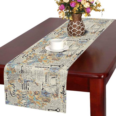 MKHERT Imitation of Retro Newspaper Rome Travel Table Runner Home Decor for Kitchen Dining Wedding Party 16x72 Inch