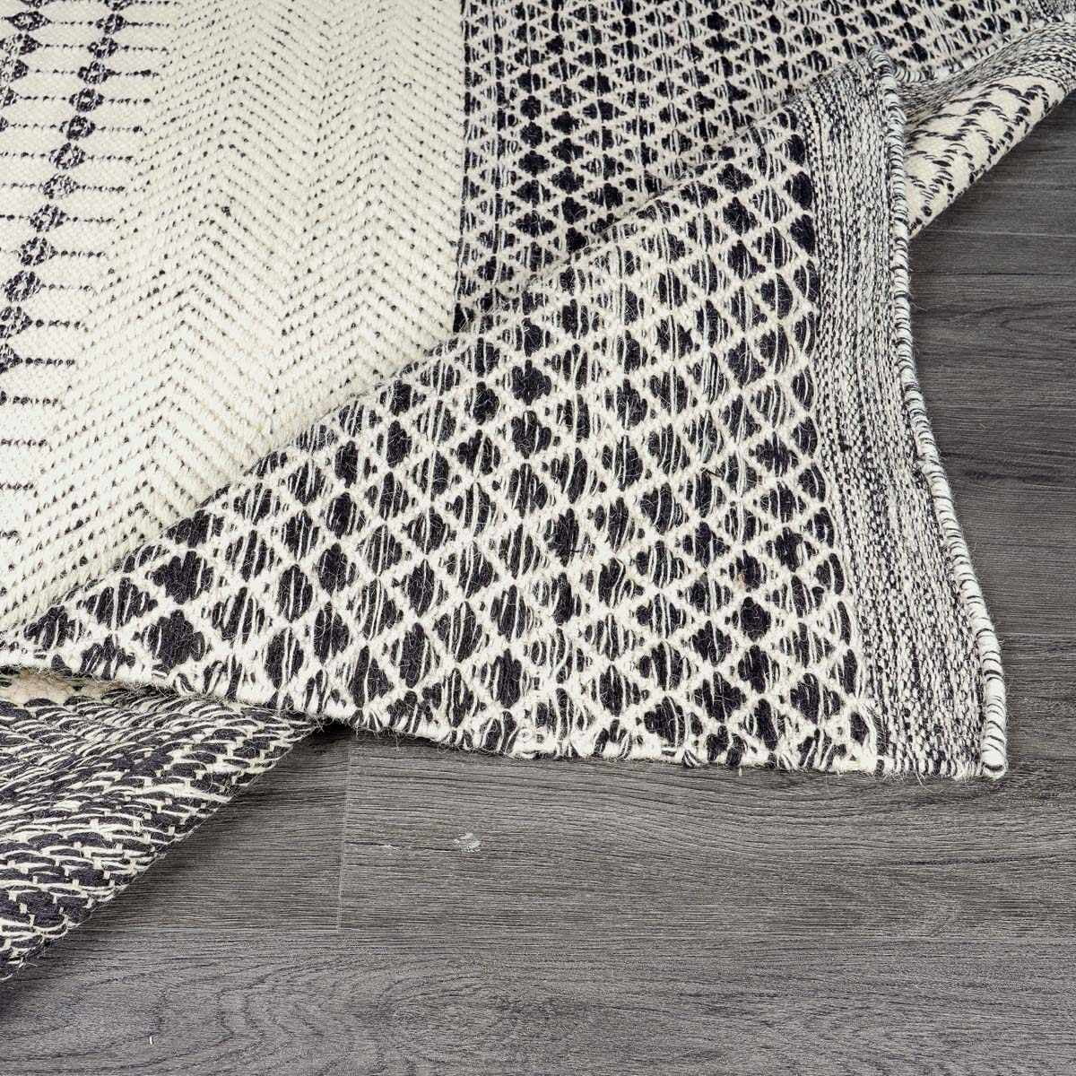 Hauteloom Tideswell Boho Hand Woven Wool Striped Geometric Textured Area Rug - Farmhouse Moroccan Trellis Carpet for Living Room, Bedroom - Black, Beige, Gray - 6' x 9'