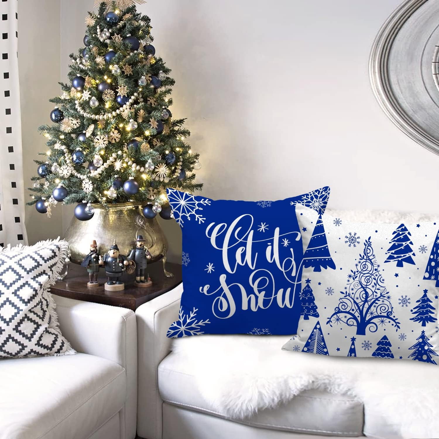 Christmas Throw Pillow Covers 18x18 Set of 4, Merry Christmas Winter Xmas Snowflake Decorative Holiday Cushion Pillow Cases 18 x 18 for Outdoor Indoor Farmhouse Home Room Couch Decor (Blue)