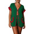 thumbnail image 2 of Womens 2 Piece Set Fringed Trim Short Sleeve Vneck Button Up Top Shorts Lounge Set with Pockets Green S, 2 of 8