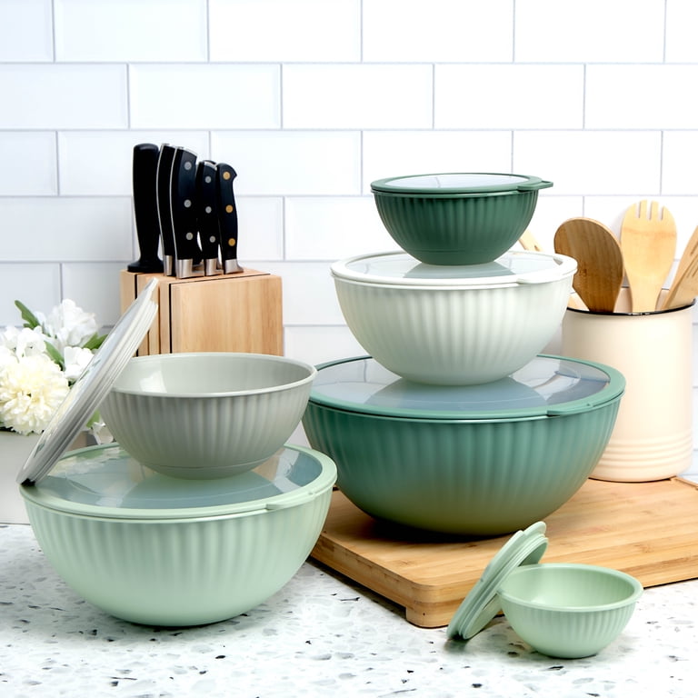 Cook with Color 12-Piece Mixing Bowl Set with Non-Slip Silicone Base and  Transparent Lids, Sage