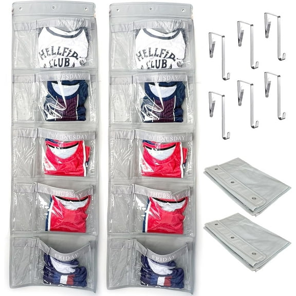 Livhil Hanging Closet Organizer, Weekly Clothes Organizer with Monday to Friday Storage Pockets (Grey)