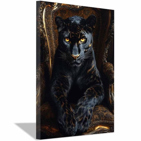 Mudket Framed Panther Canvas Wall Art, Panther on Ornate Gold Chair Print, Luxury Animal Wall Decor for Men Living Room Office - 12"L x 8"W