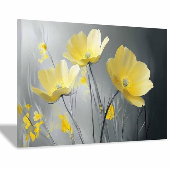 Mudket Yellow Flowers on Grey Background Canvas Wall Art, Framed Floral Print, Ready to Hang Wall Decor for Living Room Bedroom, Modern Botanical Artwork - 12"L x 8"W