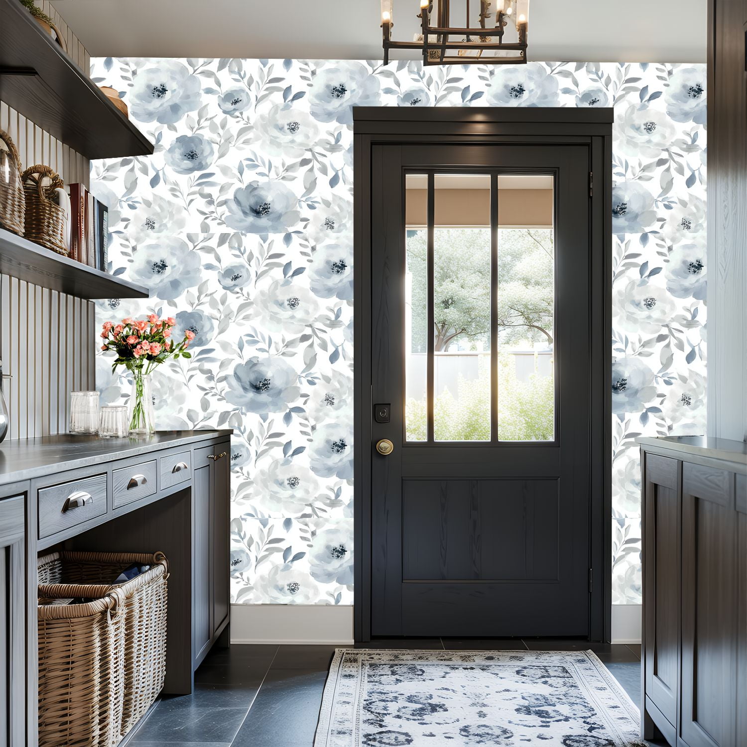 Boho Peel and Stick Wallpaper Vintage Blue Grey Floral Watercolor Leaves Contact Paper 17.7in x 9.8ft Wallpaper Removable Self Adhesive Wall Paper for Bedroom Nursery