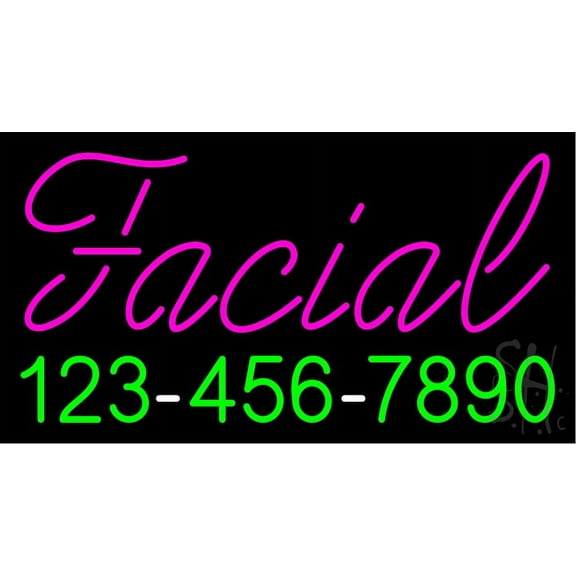 Red Facial with Phone Number LED Neon Sign 13 x 24 - inches, Black Square Cut Acrylic Backing, with Dimmer - Bright and Premium built indoor LED Neon Sign for Spa interior decor and storefront.