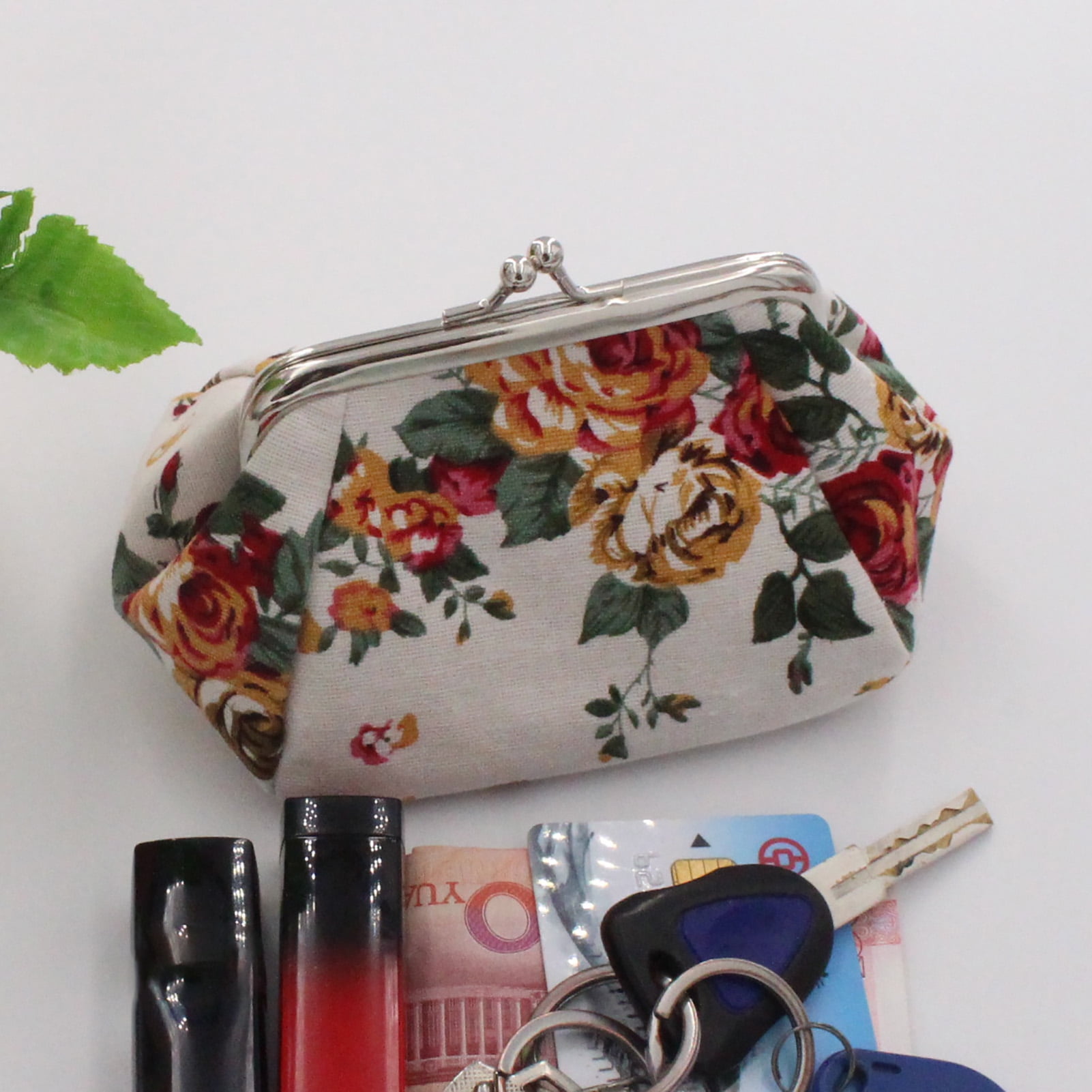 Women Floral Printed Clasp Coin Purse Girls Vintage Kiss-Lock Folk-custom Change Purse Credit Cards Key Pouch Wallets Gift