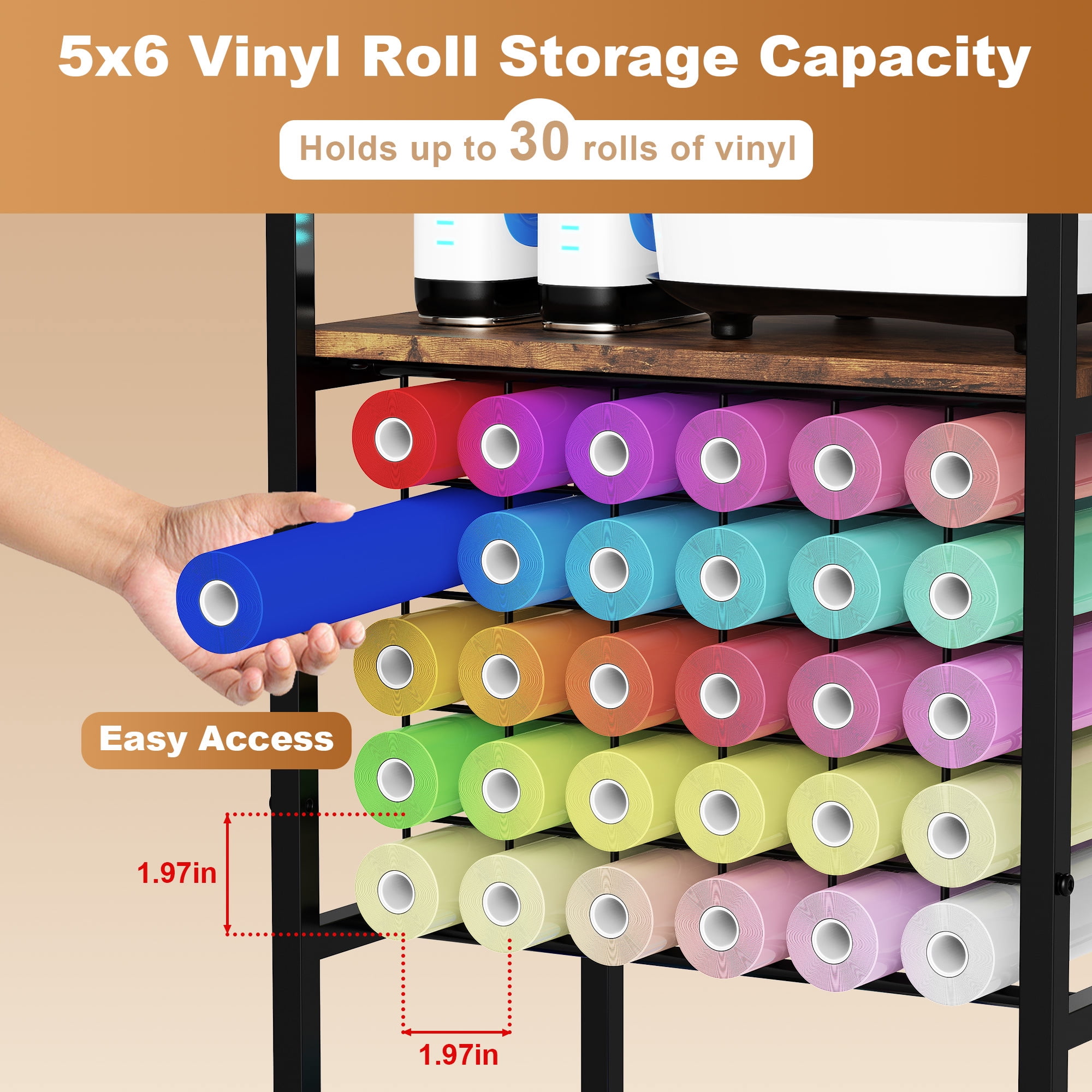 Rolling Craft Storage Table with 30 Vinyl Roll Holder and Drawer, Craft Storage Organizer Compatible with Cricut Machine, Mobile Craft Storage Cabinet Workstation for Craft Room Home (Black)