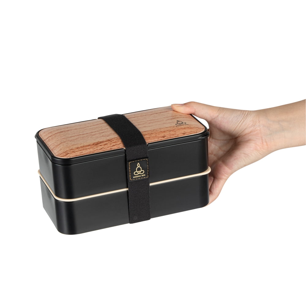 Bento Tek 41 oz Wood Grain and Black Buddha Box All-in-One Lunch Box - with  Utensils, Sauce Cup - 7 1/4 x 4 1/4 x 4 - 1 count box