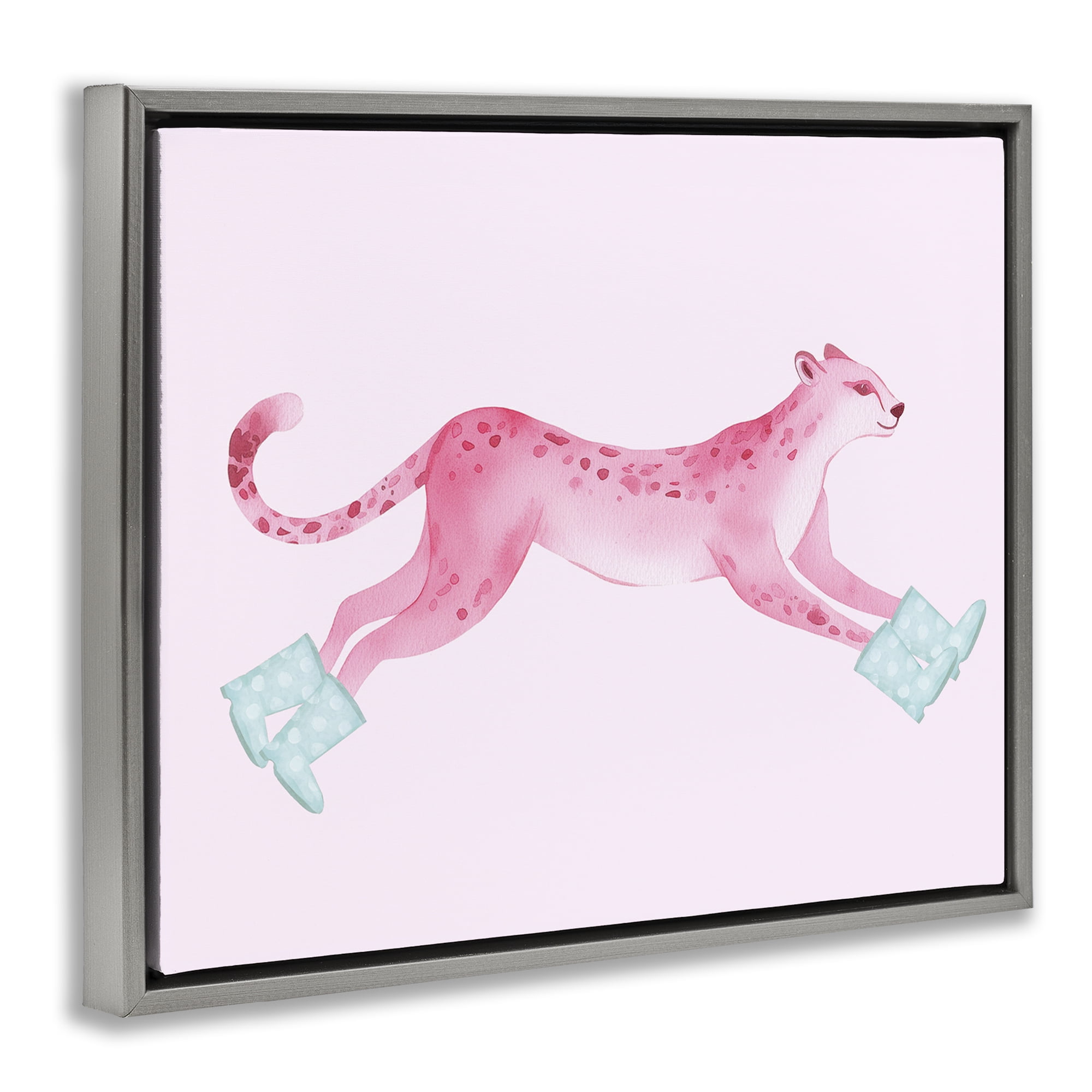 Stupell Industries Running Leopard in Boots Animals Painting Gray Floater Framed Canvas Art Print Wall Art, 21 x 17