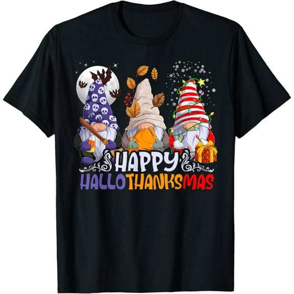 Premium model-Unisex-100% cotton-HalloThanksMas Gnomes Halloween Thanksgiving Christmas Happy T-Shirt