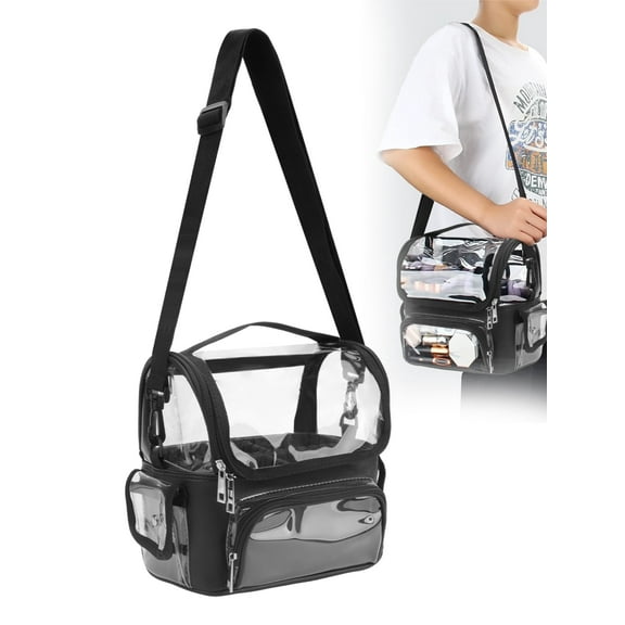 TSV Clear Makeup Bag, Large Brush Holder, Shoulder Organizer Case with Adjustable Dividers