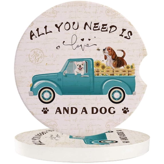 KXMDXA Blue Truck with Puppy Vintage Set of 6 Car Coaster for Drinks, Absorbent Ceramic Stone Coasters Cup Mat with Cork Base for Home Kitchen Room Coffee Table Bar Decor