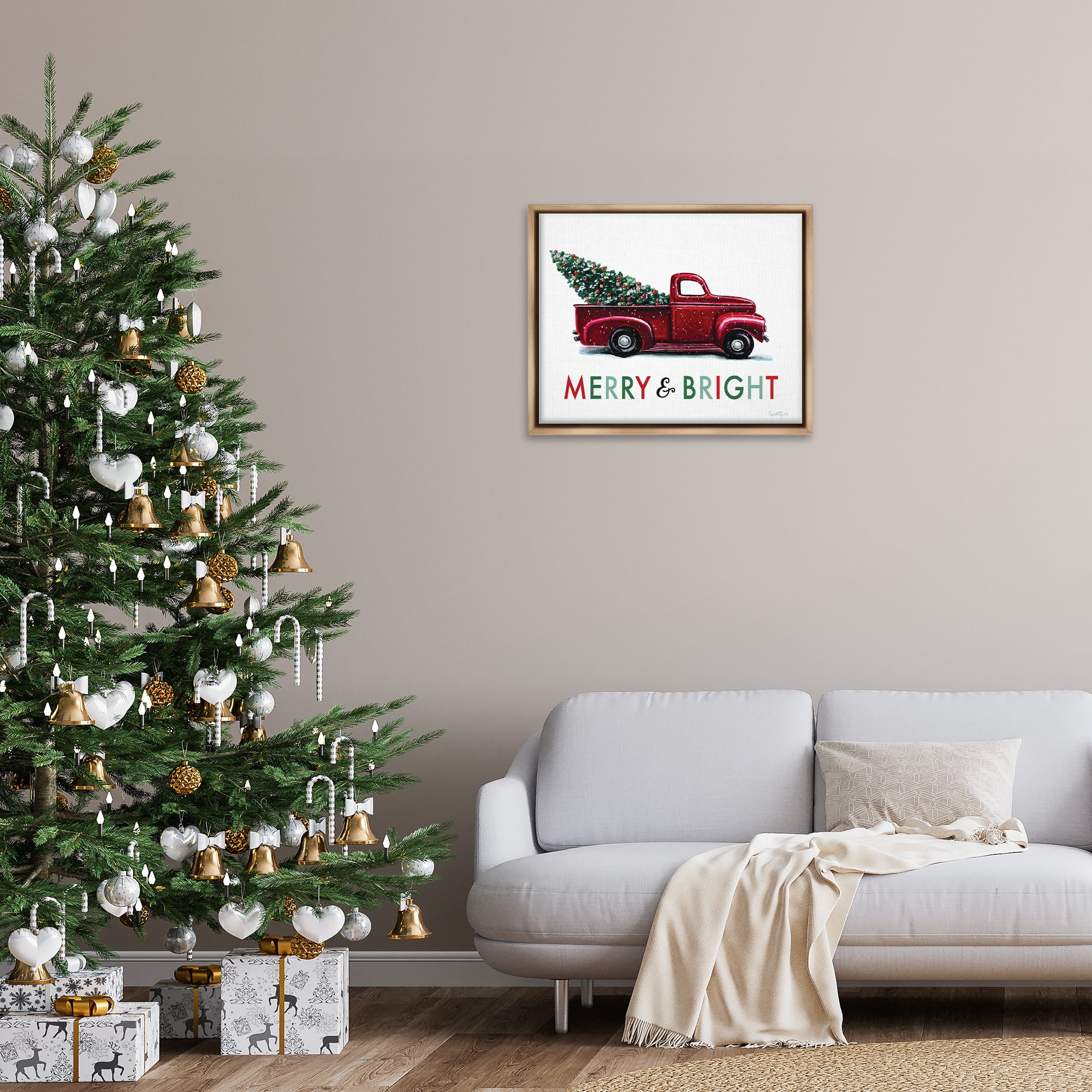 Stupell Industries Merry Bright Christmas Truck Holiday Painting Brown Floater Framed Canvas Art Prints Wall Art, 31 x 25