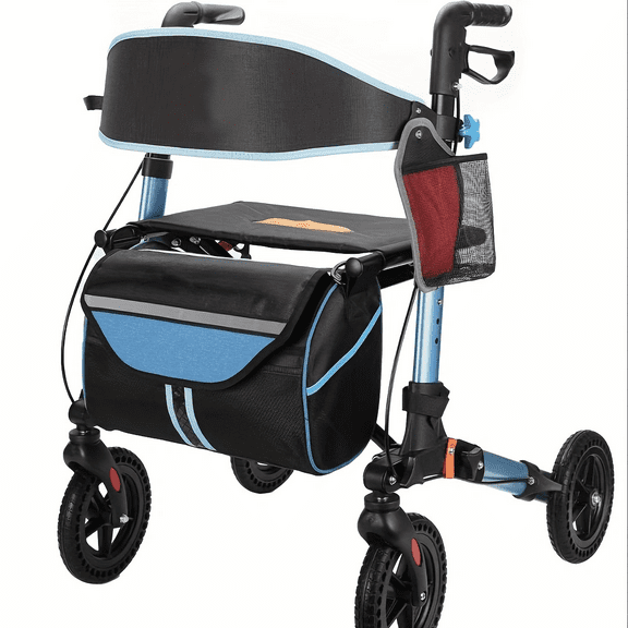 Lightweight Foldable Rollator Walker with Seat, 300 lb Capacity, 17.3" Padded Seat, 8" All-Terrain Wheels, 6-Level Adjustable Height, Blue Rollator for Seniors and Adults