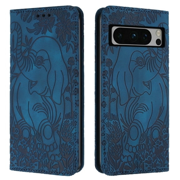 Allytechgroup Slim Case for Google Pixel 9 Pro XL, Flip Folio Stand Cards Slots Hand Wrist Elephant Embossed Retro PU Leather Wallet Phone Case Cover for Google Pixel 9 Pro XL, Blue