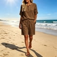 thumbnail image 2 of AHTJRT Plus Size Summer Sets for Women Cotton V Neck Short Sleeve Tops and Drawstring Shorts Casual Beachwear Vacation Travel Outfits Brown L, 2 of 8