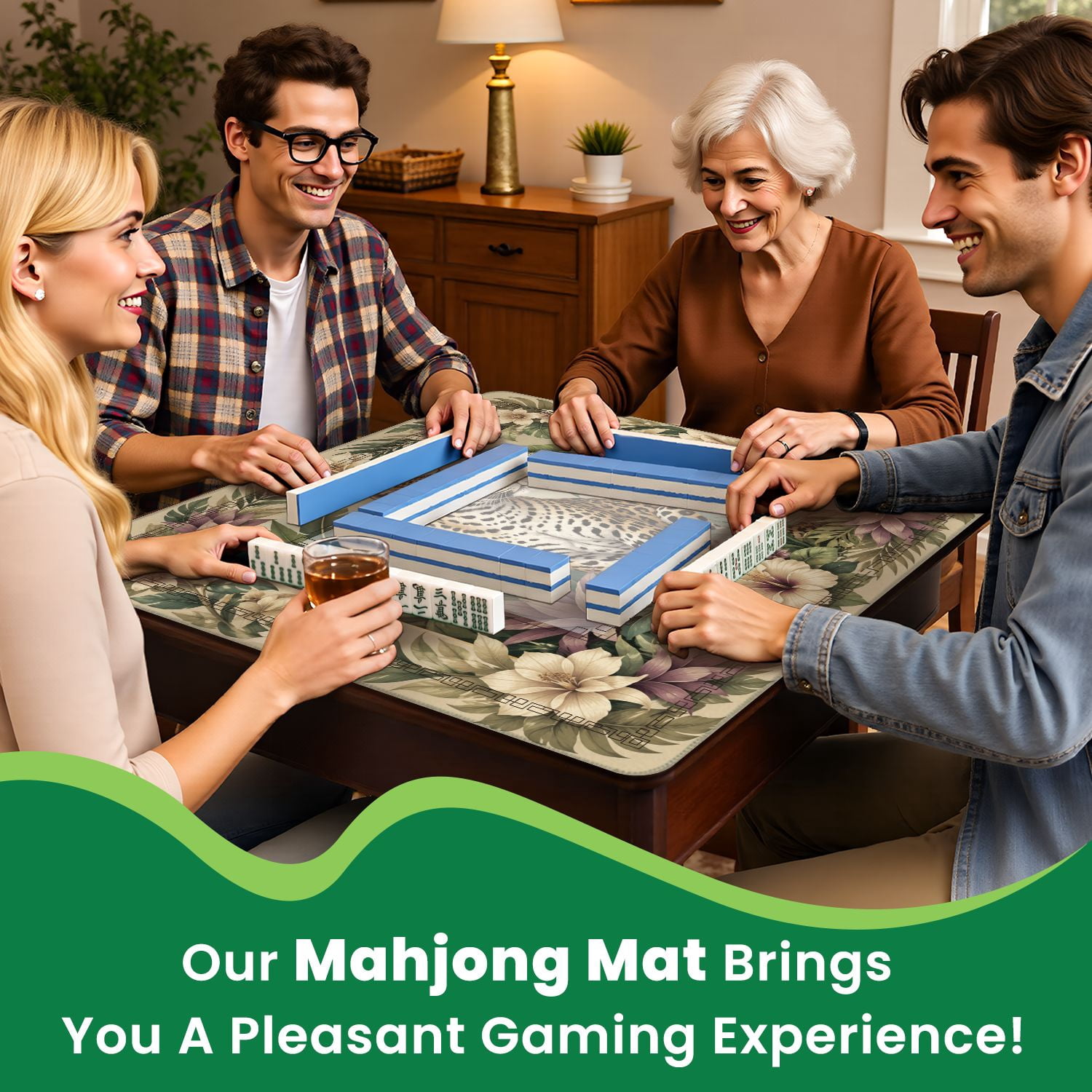 Mahjong Mat 31.5" x 31.5" Leopard Tropical Floral Jungle Greenery Soft Earth Tones Non-Slip Noise Reduction American Mahjong Tiles Table Cover for Dominoes Poker Card Board Games Gift