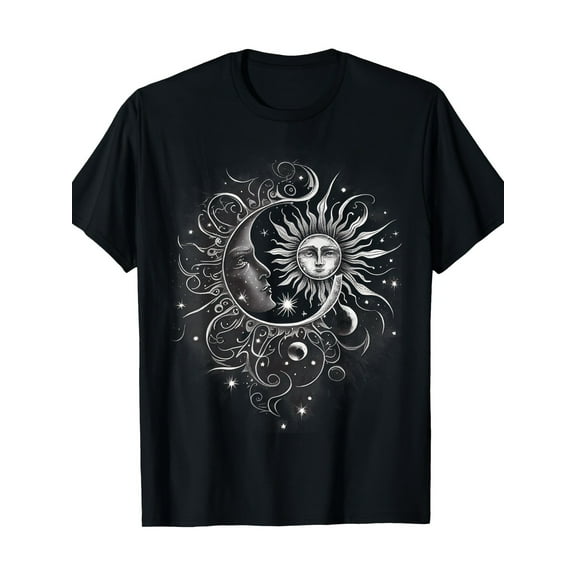 100% Cotton T-Shirt with Artistic Sun & Moon Design - Soft & Breathable Crew Neck Tee for Casual Wear, Black Graphic Print, Short Sleeve, Lightweight Fabric for All Seasons