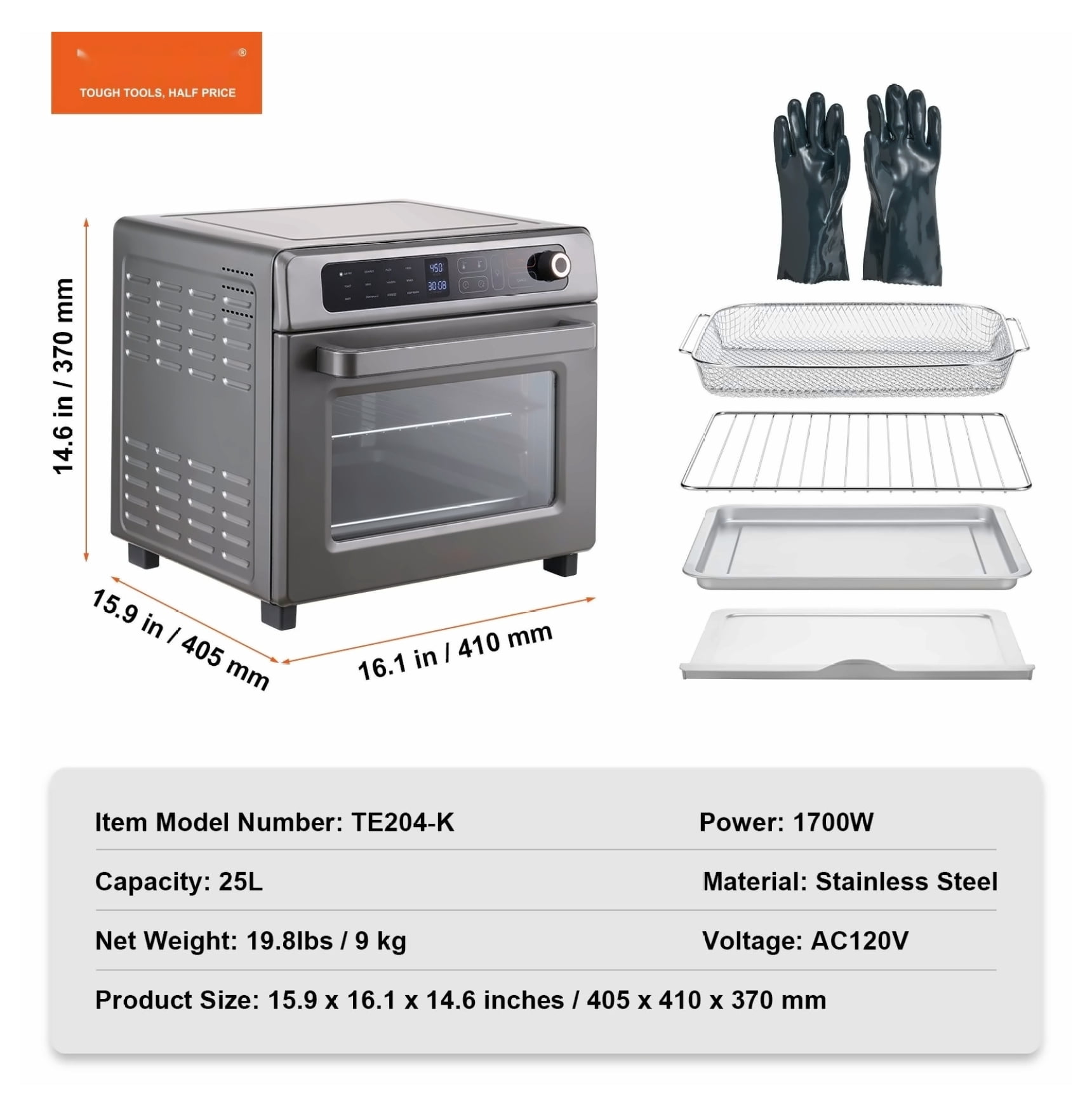 Air Fryer Toaster Oven 25L, 1700W Convection Oven Combo 12-in-1, Stainless Steel Countertop Oven with Pizza Pan, Grill, Dehydrate, Bake for Home & Commercial Use