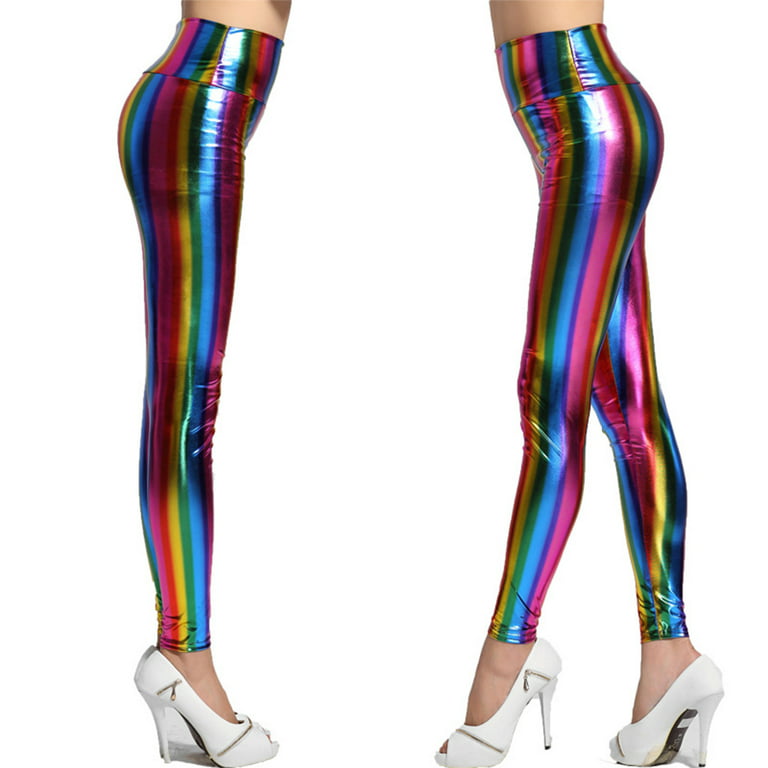 Techinal Womens Hologram Metallic Rainbow Leggings Glitter Neon Tights  Stripes Printed High Waist Yoga Pants Faux Leather Party Clubwear 