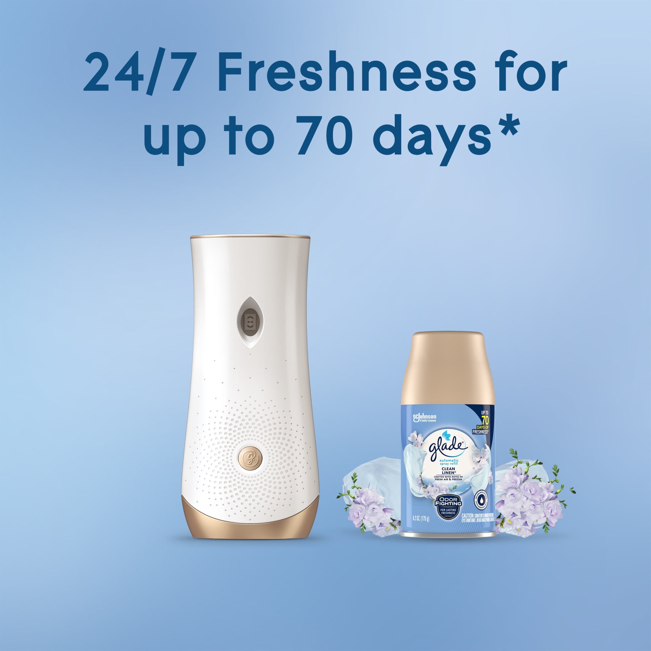 Glade Automatic Spray Air Freshener Starter Kit, 1 Holder and 1 Refill, Clean Linen, Fragrance Infused with Essential Oils, 6.2 oz, 2 Count