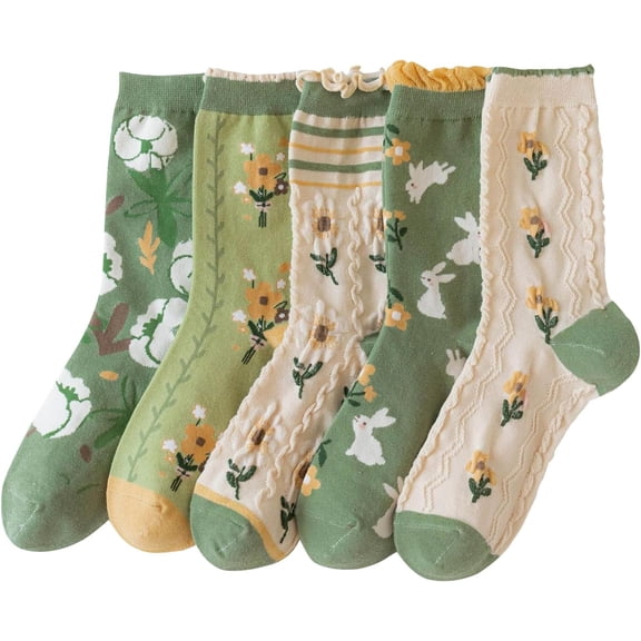 5 Pairs Vintage Floral Crew Socks for Women, Soft Cotton Embroidered, Cottagecore Ruffle Socks for Casual & Dress Wear