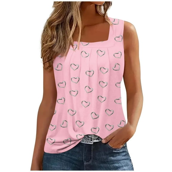 Ecqkame Summer Tops for Women 2024 Loose Casual Pinted Sleeveless Dressy Pleated Suspenders Tops Going Out Tops for Women Pink XL