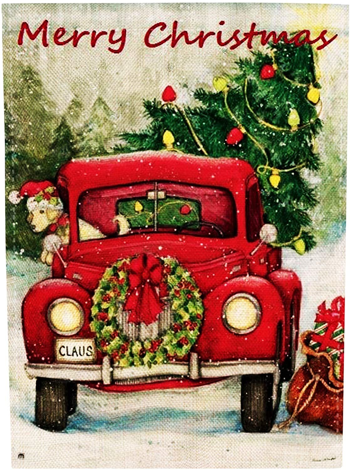 Merry Christmas House Flag 28" x 40" Red Truck Double Sided Home