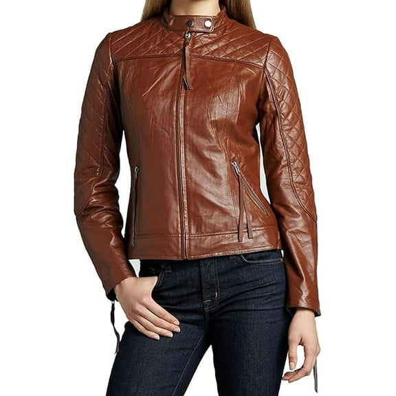 Womens Genuine Lambskin Leather Jacket Motorcycle Biker Leather Brown Jacket W082