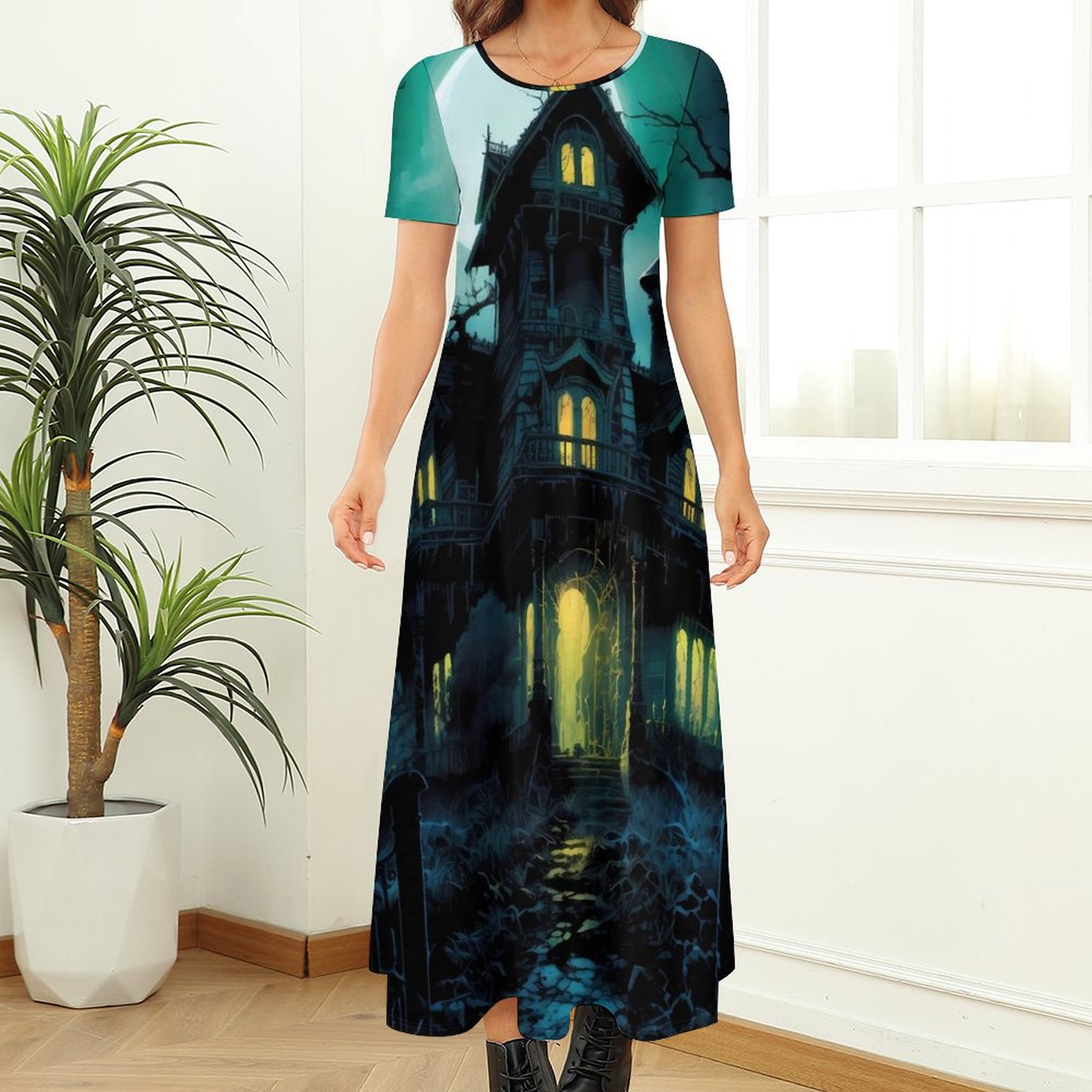 2024 Haunted Mansion Dress Halloween Print Elegant Maxi Dress Short ...