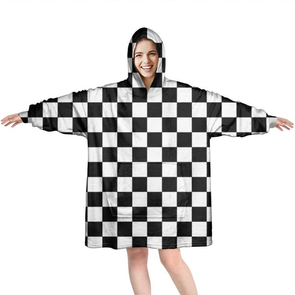 Black and White Checkered Pattern Wearable Oversized Blanket,Wearable Blanket Hoodie for Adults,Cozy Hooded Blankets with Super Pockets,Super Warm Fuzzy Pullover for Women & Men