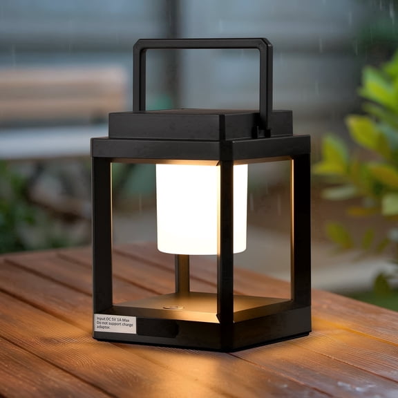 HKMGT Black Solar Lantern, IP44 Waterproof Outdoor Solar Lantern, USB Rechargeable Portable LED Lantern for Camping, Patio, Hanging Use