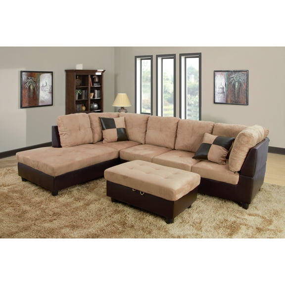 PonLiving Furniture Hermann Left Chaise Sectional Sofa with Storage Ottoman, Charming Beige, Microfiber