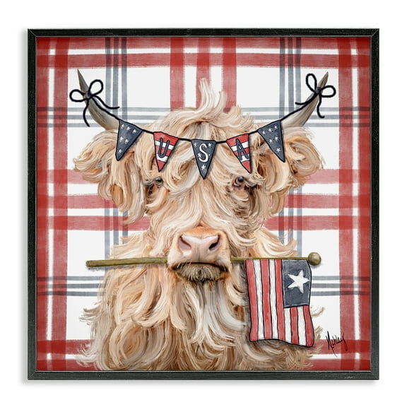 USA Plaid Highland Cattle Black Framed Giclee Art, design by Ashley Bradley