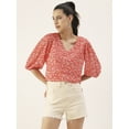 thumbnail image 6 of DressBerry Women's Printed Poly Georgette V Neck Puffed 3/4th Sleeves Crop Blouse Regular Use Casual&nbsp;Summer Wear Above Waist Length Regular Short Top, 6 of 7