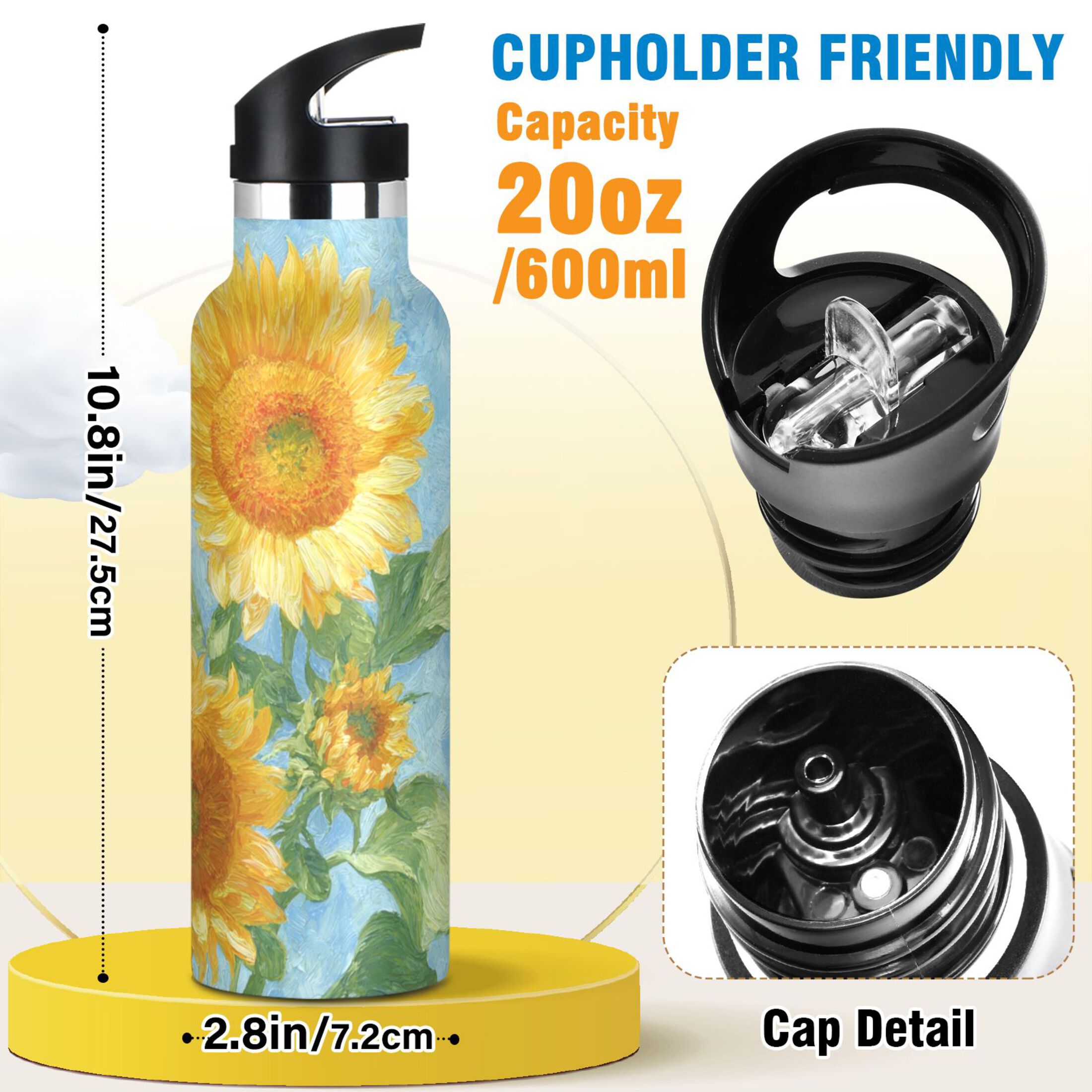 Kids Insulated Stainless Steel Sports Water Bottle 600ml (20oz) Sunflower Oil Painting