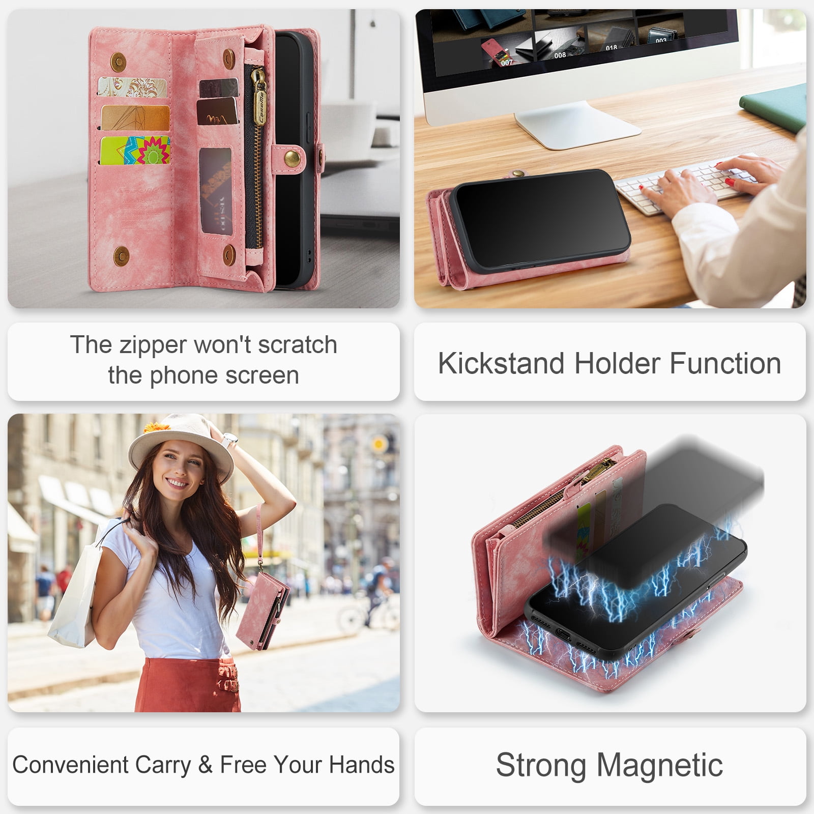 Feishell Durable 2-In-1 Magnetic Detachable Wallet Case for iPhone 7/8/SE 2020/SE 2022,for Women Men,Premium PU Leather Zipper Pocket Flip Multi Card Slots Purse Phone Case with Wrist Strap,Pink