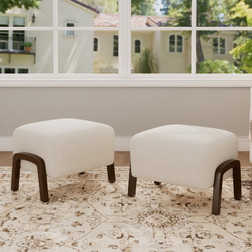 White Boucle Ottoman with Wooden Legs (Set of 2), Upholstered Footstool Pair for Living Room, Bedroom, Accent Seating