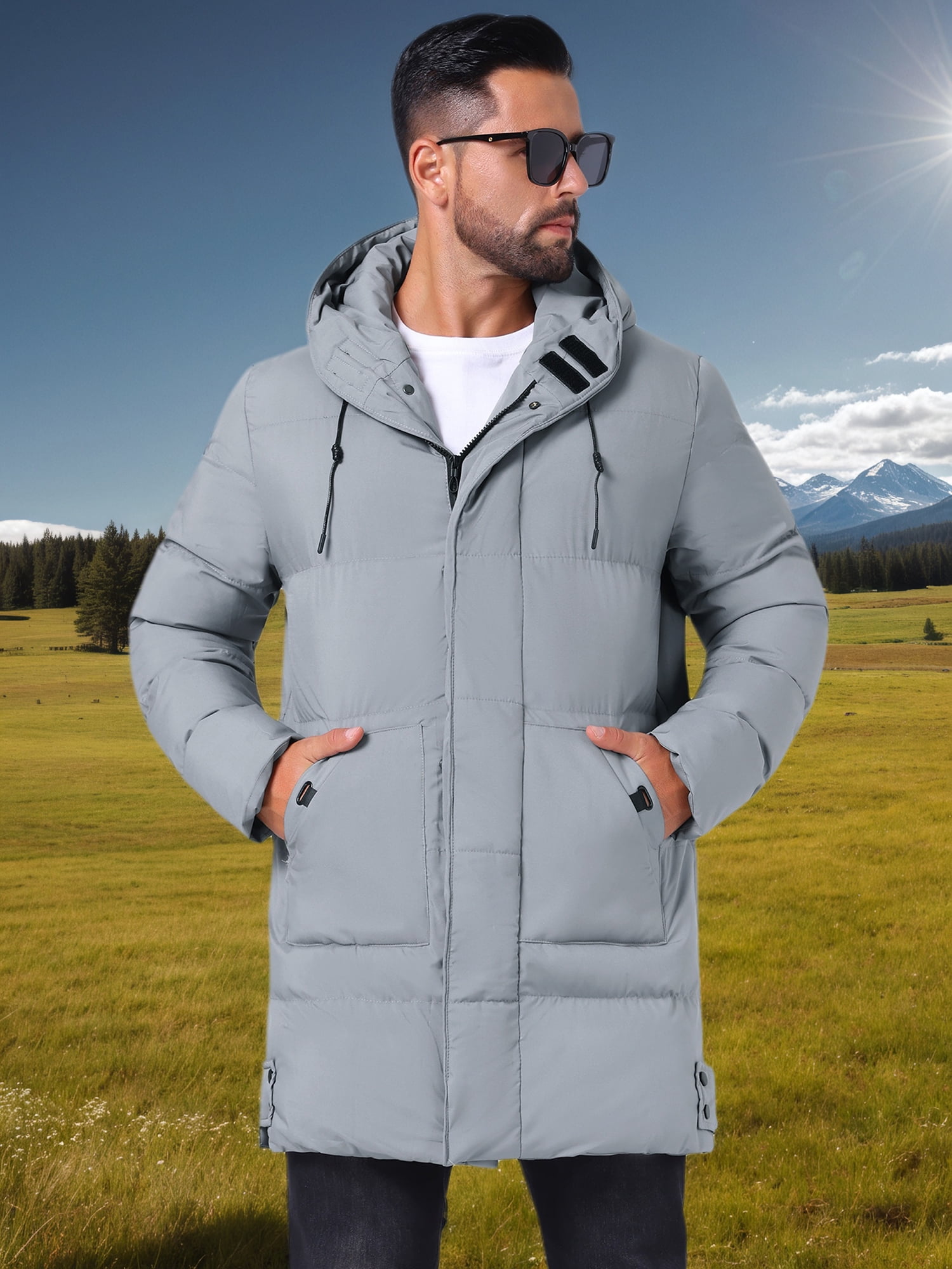 DARING DIVA Men's Mid-Length Outerwear Zipper Quilted Hooded Padded Coat M Gray