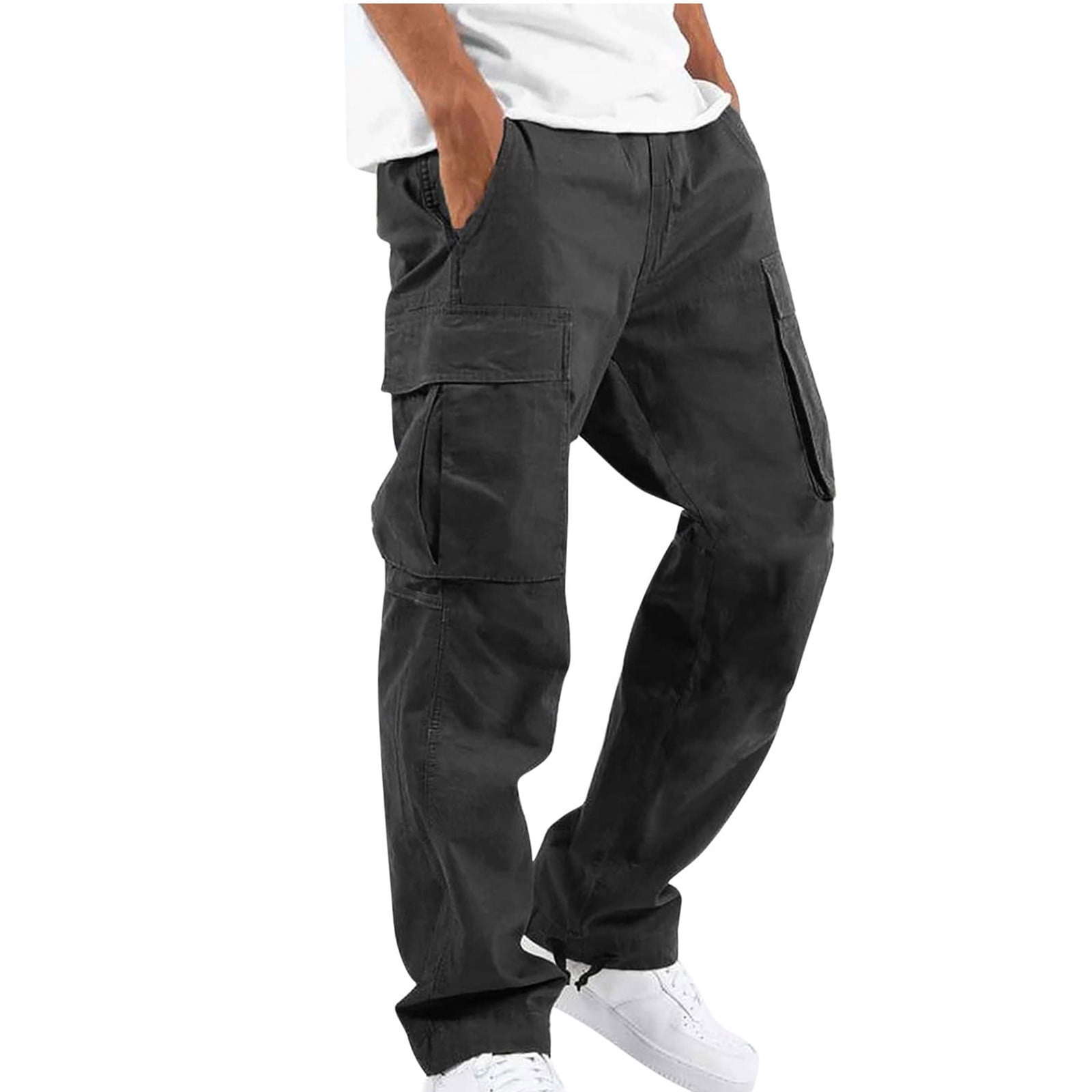 symoid Baggy Cargo Pants- Solid Casual Multiple Pockets Outdoor Straight  Type Fitness Pants Cargo Pants Trousers Black