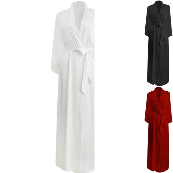 Womens Robes Elegant Lace Sleeve Lightweight Soft Silky Satin Long Bathrobe Kimono Bridal Pajamas V-Neck Sleepwear Ladies Loungewear, White, M