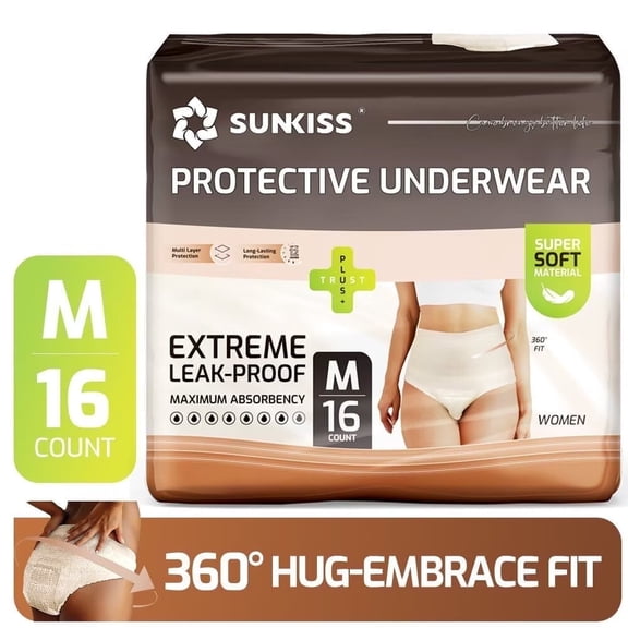 SUNKISS Women Incontinence Underwear, Daytime Disposable Postpartum Adult Panties, Protective Pull Ups with Maximum Absorbency, Medium, Beige, 16 Count