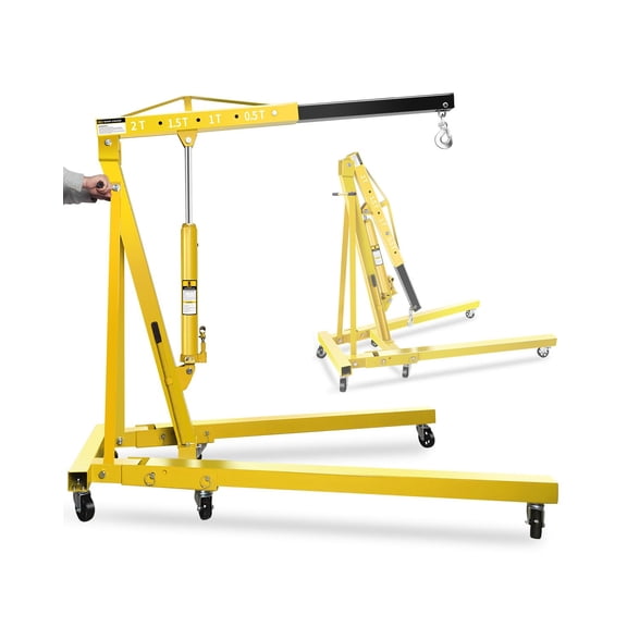 2 Ton Hydraulic Folding Engine Hoist Cherry Picker - 4400lbs Heavy-Duty Shop Crane - Telescopic Boom - 6 Steel Casters - Adjustable Height Car Lift for Garage, Workshop, Warehouse