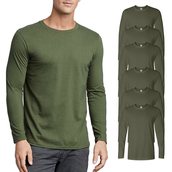 Gildan Long Sleeve T-Shirt for Adult Crew Neck Softstyle Military Green Color Shirt 4.5 oz 100% Ring-Spun Cotton Long Tee 6 Pack Size-S