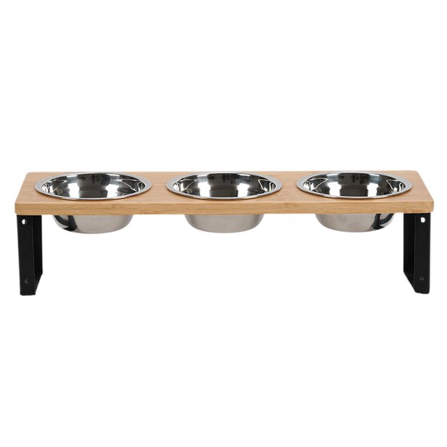 Comedero para gatos con antivómito, fabricado en acero inoxidable. Incluye bebedero y plato para comida. Soporte de bambú y estructura