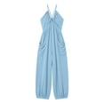 thumbnail image 4 of Tqcoqu Women's Plunge Halter Sleeveless Pleated Long Romper,Knit Jogger Maxi Jumpsuit with Pockets,Light Blue Women's S-XXL, 4 of 6