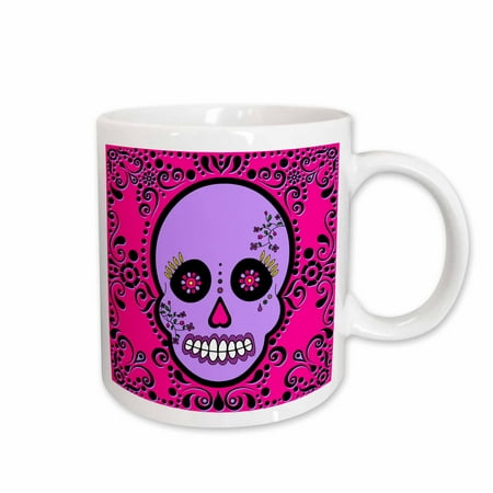 

3dRose Day of the Dead Skull Da de los Muertos Sugar Skull Purple Pink Black Scroll Design Ceramic Mug 15-ounce