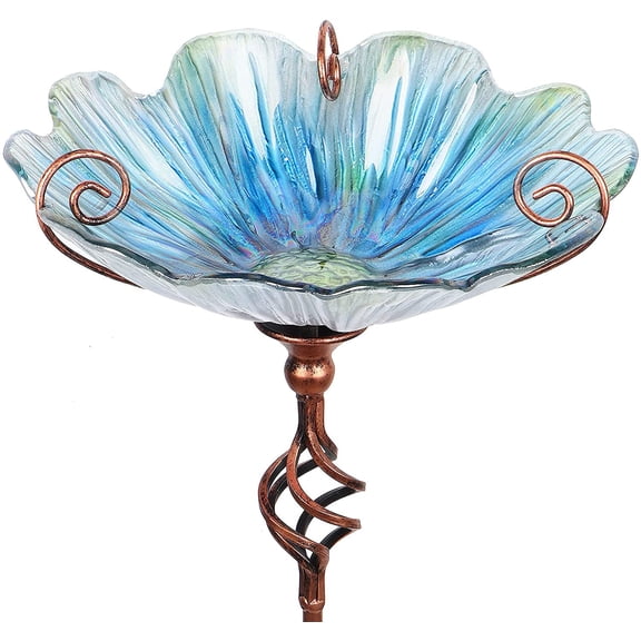 31 Inch Height Glass Birdbath Birdfeeder with Metal Stake Garden Yard Outdoor Red